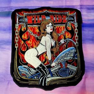 Vintage Wild Ride PinUp Girl on Motorcycle XL Back Patch - New Old Stock